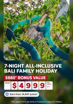 Winding Bali resort pool amid lush tropical gardens for a 7-night all-inclusive family holiday with $880 bonus value from $4999 per family of 4