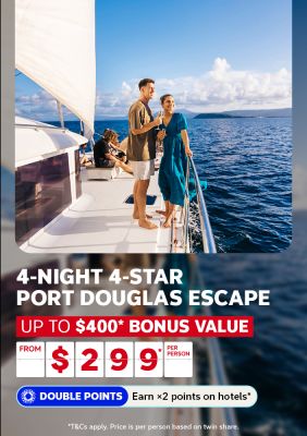 4-night 4-star Port Douglas escape | up to $400* bonus value - from $299* per person | Double points - earn x2 points on hotels* | *T&Cs apply. Price is per person based on twin share | couple relaxing on a yacht