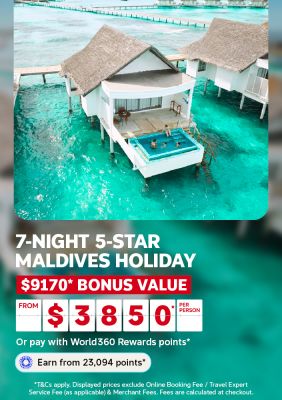 Overwater villa with a private plunge pool in the Maldives for a 7 night 5 star holiday with 9170 dollars bonus value from 3850 per person