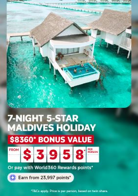Overwater bungalow with private plunge pool in a turquoise Maldives lagoon for a 7-night 5-star holiday with $8360 bonus value from $3958 per person