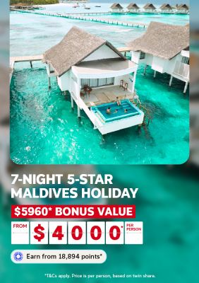 Overwater villa with a private plunge pool above turquoise Maldives lagoon for a 7-night 5-star holiday with $5960 bonus value from $4000 per person