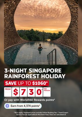 Woman relaxing in an infinity pool framed by a woven arch over rainforest at sunset for a 3-night Singapore rainforest holiday from 730 per person