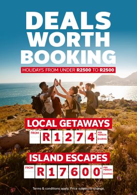 Four hikers celebrating at the waterfront including deals worth booking such as local getaways from R1274 per person and island escapes from R17600 per person