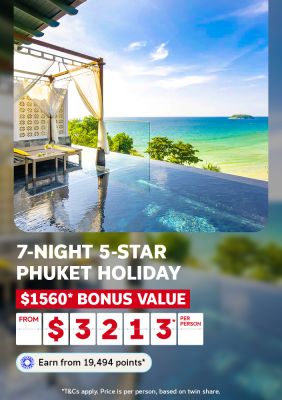 Infinity pool villa with a sheer canopy overlooking turquoise Phuket waters for a 7-night 5-star holiday with $1560 bonus value from $3213 per person