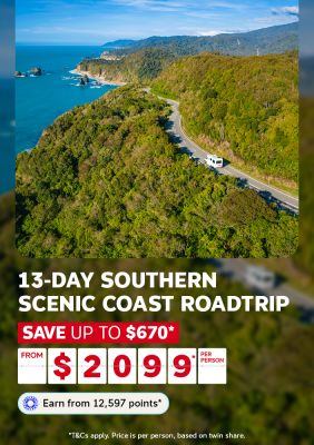 Motorhome on a lush New Zealand coastal road above a deep blue sea for a 13-day Southern Scenic Coast Roadtrip saving up to $670 from $2099 per person