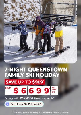 Family of four skiers and snowboarder pausing on snowy slope for a 7-night Queenstown family ski holiday saving up to $919 from $699 per family