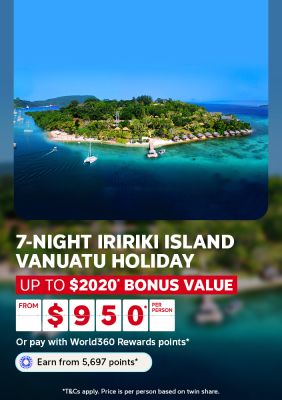 Aerial view of a lush tropical island surrounded by turquoise water for a 7-night Vanuatu holiday with $2020 bonus value from $950 per person