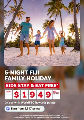 Family running on a Fiji beach at sunset beneath palm trees for a 5-night family holiday from $1949 per person with kids stay and eat free