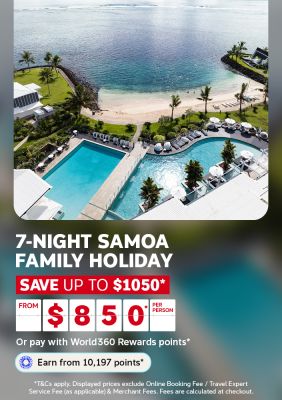 Aerial view of a beachfront resort with twin infinity pools for a 7-night Samoa family holiday saving up to 1050 from 850 per person