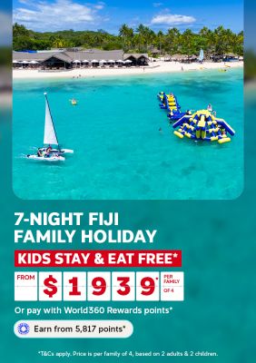 Catamaran and inflatable water park in a turquoise Fiji lagoon for a 7-night family holiday with kids stay and eat free from $1939 per family of 4