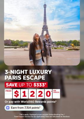 Couple walking hand in hand before the Eiffel Tower for a 3 night luxury Paris escape from $1220 per person saving up to $333