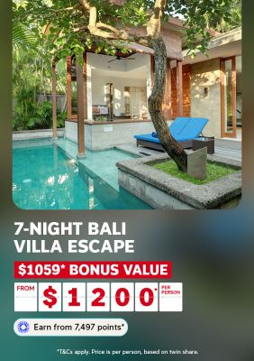 Private plunge pool surrounded by tropical greenery at a Bali villa for a 7-night escape with $1059 bonus value from $1200 per person