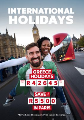 Couple having a piggyback in London, featuring international holidays including Greece return from R42645 and save up to R5500 in Paris