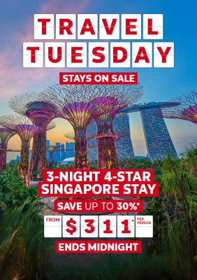 Travel Tuesday - stays on sale | 3-night 4-star Singapore stay - save up to 30%* | From $311* per person - ends midnight | Gardens by the Bay in Singapore