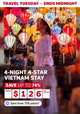 Travel Tuesday - ends midnight | 4-night 4-star Vietnam stay. Save up to 74%* - from $126* per person | Earn from 756 points*