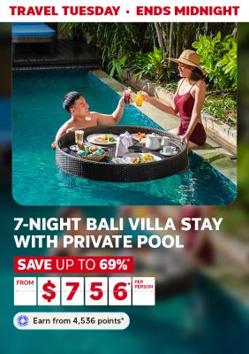 Travel Tuesday - ends midnight | 7-night Bali Villa Stay with private pool. Save up to 69%* from $756* per person | Earn from 4,536 points*