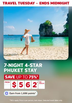 Woman on a beach in Phuket - 7-night, 4-star Phuket stay | save up to 75%* From $562* per person | Earn from 1,686 points*