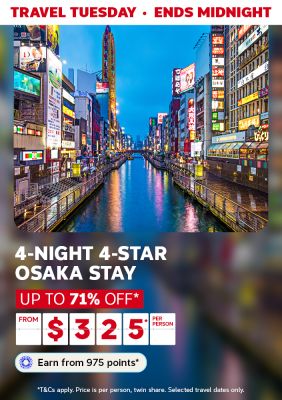 Dotonbori Street in Osaka, Japan at night time featuring a 4-night 4-star Osaka stay from $325* per person