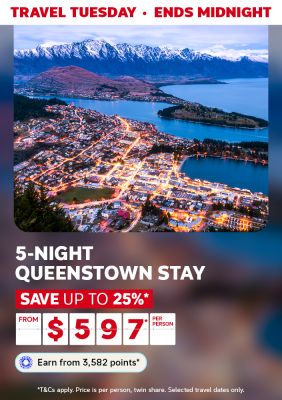 City of Queenstown lit up at night featuring 5-night Queenstown stay from $597* per person
