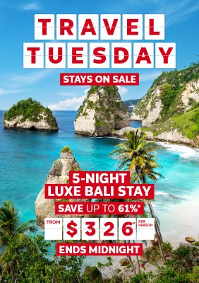 Travel Tuesday - stays on sale | 5-night Luxe Bali stay - save up to 61%*. From $326* per person | ENDS MIDNIGHT