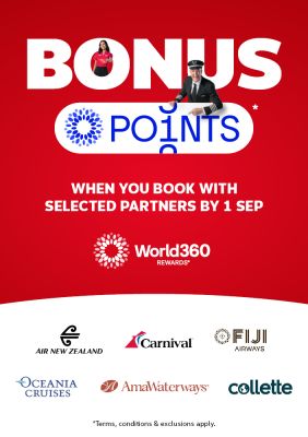 Bonus World360 Rewards points when booking with Air New Zealand Carnival Fiji Airways Oceania Cruises AmaWaterways or Collette by 1 September