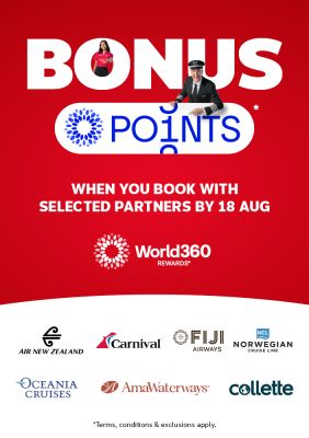 World360 Rewards bonus points offer with Air New Zealand Carnival Fiji Airways Norwegian Oceania AmaWaterways and Collette by 18 August