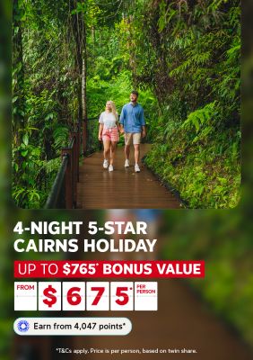 Couple walking hand in hand along a rainforest boardwalk for a 4-night 5-star Cairns holiday with up to $765 bonus value from $675 per person