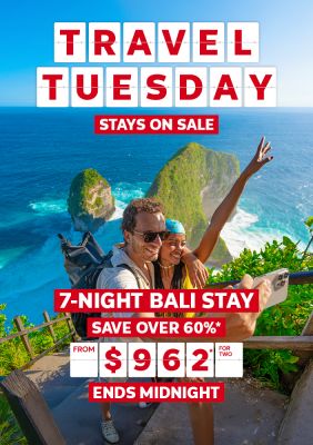 Travel Tuesday. Stays on sale. 7-night Bali stay. Save over 60%* from $962* for two