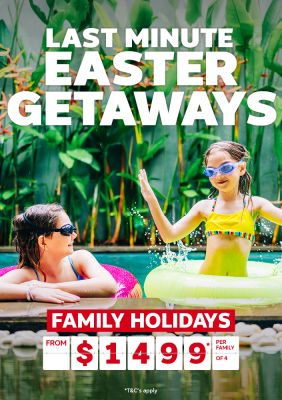Last minute Easter getaways - family holidays from $1,499* per family of 4 | Two children playing in a pool