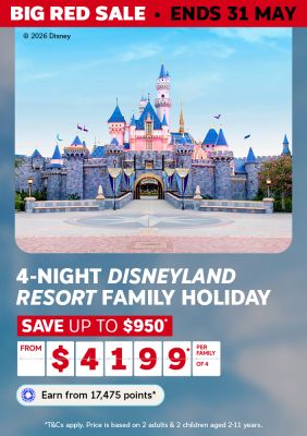 Sleeping Beauty Castle at Disneyland Resort under blue skies for a Big Red Sale 4-night family holiday saving up to $950 from $4199 per family of 4