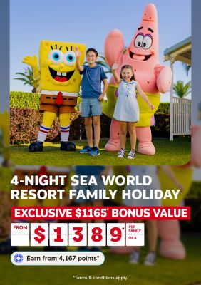 4-night Sea World Resort Family Holiday | exclusive $1,165* bonus value. From $1,389* per family of 4 - Earn from 4,167 points* | *Terms & conditions apply. | Spongebob and Patrick posing with children at a theme park