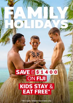 Fijian guide with two children in traditional face paint beneath palm trees for family holidays saving up to $1400 on Fiji with kids stay and eat free