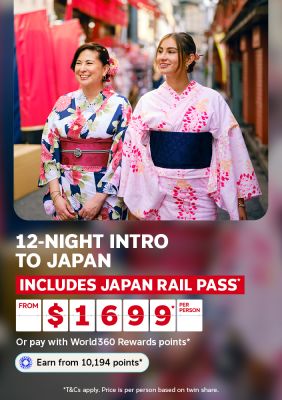 Two women in colorful kimonos exploring a traditional Japanese street for a 12-night intro to Japan including rail pass from $1699 per person