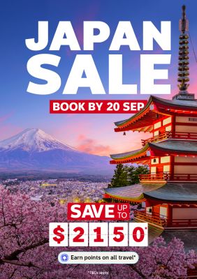 Cherry blossoms framing snow-capped Mount Fuji and a pagoda for the Japan sale saving up to $2150