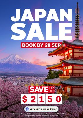 Snow capped Mount Fuji framed by cherry blossoms and a red pagoda at sunset for a Japan sale saving up to 2150 dollars
