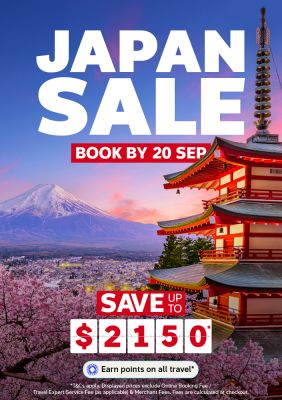 Snow capped Mount Fuji and a red pagoda above cherry blossoms and city lights for a Japan sale saving up to 2150 dollars