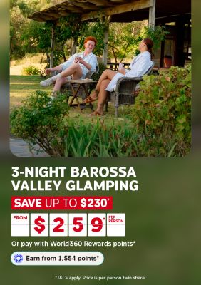 Couple relaxing in robes on a vineyard veranda for a 3-night Barossa Valley glamping stay saving up to $230 from $259 per person