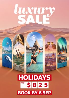 Windows in a desert showcasing luxury holiday destinations featuring deals from $825* book by 6 Sep