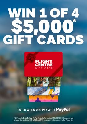 Win 1 of 4 $5000 Flight Centre gift cards by entering when you pay with PayPal