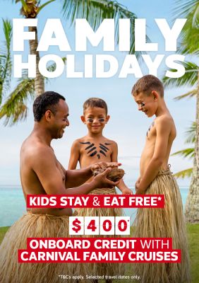 Man and two boys in traditional islander outfits featuring family holidays