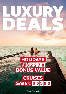 Couple relaxing in an infinity pool at sunset for luxury deals with holidays up to 2270 bonus value and cruises saving up to 3500