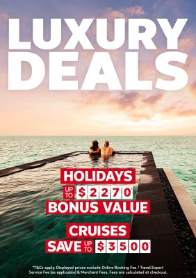 Couple relaxing in an infinity pool at sunset for luxury deals with holidays up to 2270 bonus value and cruises saving up to 3500