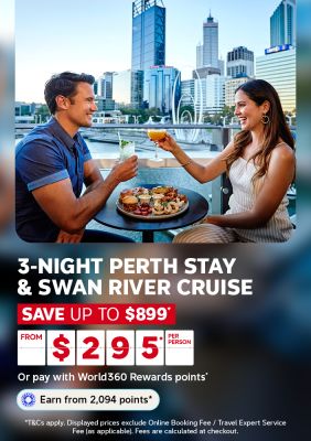 Couple toasting cocktails at a bar overlooking Perth skyline for a 3 night Perth stay and Swan River cruise from $295 per person saving up to $899
