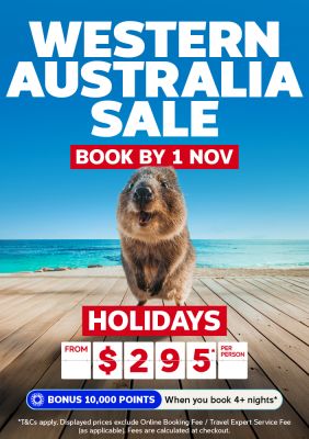 Quokka on a wooden pier at the beach featuring a Western Australia sale with holidays from $295