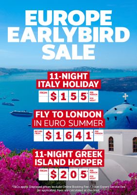 Europe earlybird sale featuring an 11-night Italy holiday from 155 per person per night and an 11-night Greek island hopper from 205 per night