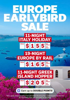 Mediterranean coast with turquoise waters and cruise ships for Flight Centre Europe Earlybird packages from $155 Italy, $165 rail, $205 Greek islands