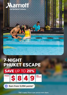 Two people drinking cocktails at a swim up bar, featuring a 7-night Phuket escape from $849* with Marriott International