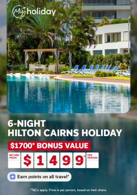 My Holiday resort pool with sun loungers for a 6-night Hilton Cairns holiday from $1499 per person