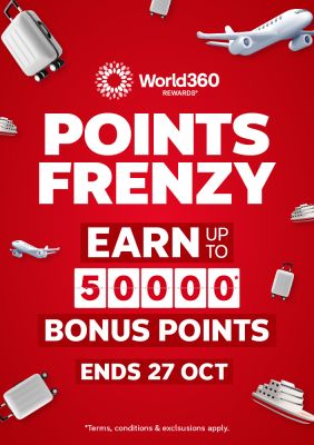 World360 Rewards Points Frenzy campaign offering up to 50000 bonus points on Flight Centre travel bookings ending October 27