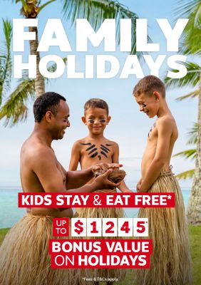 Boys in grass skirts learning a cultural performance with a local host for family holidays with kids stay and eat free and up to 1245 bonus value